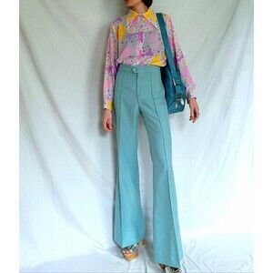 1970s Vintage Bell Bottom Pants, Women's Medium Blue High Waist Flare Trousers